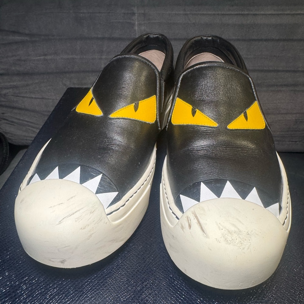 Fendi Black & Yellow Monster Leather Slip-On Loafers